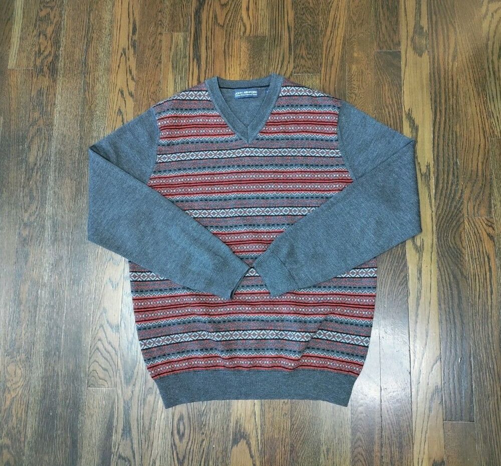 Vtg John Ashford Extra Fine Merino Wool Sweater Men's Small Gray Multicolor EUC
